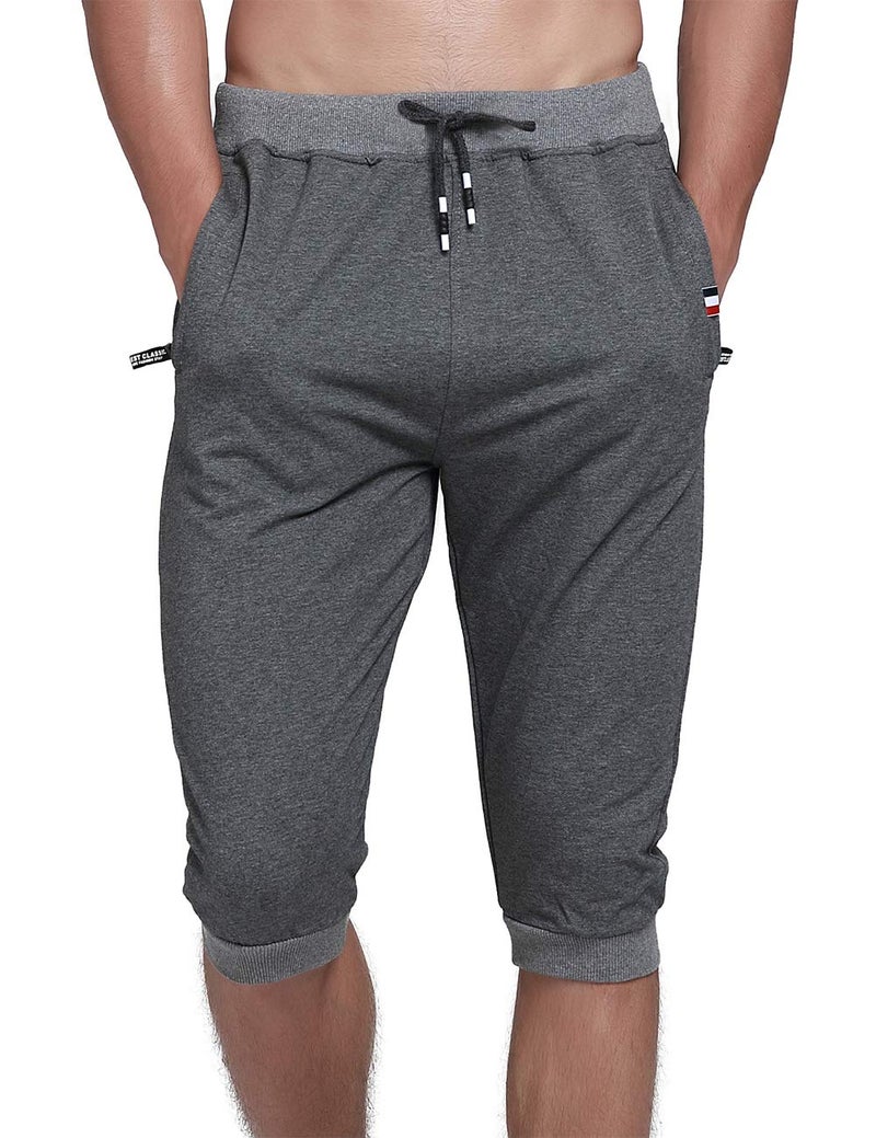 YSENTO Men's Cotton Casual 3/4 Jogger Running Capri Pants Below Knee Gym Workout Shorts Zipper Pockets Dark Grey 34 - Image 1